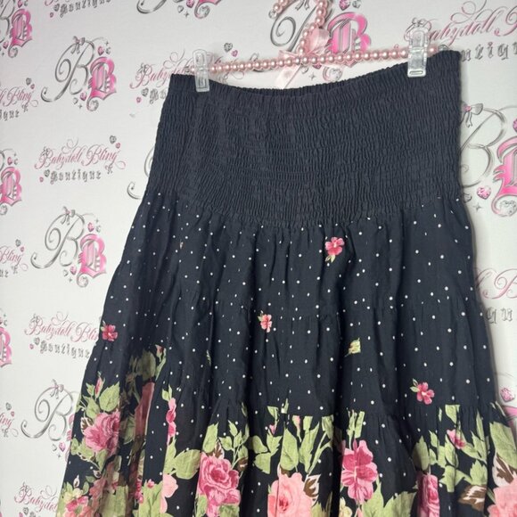 Skirt/dress roses polka dot pink green black stretchy wear as a dress or skirt - Picture 7 of 8